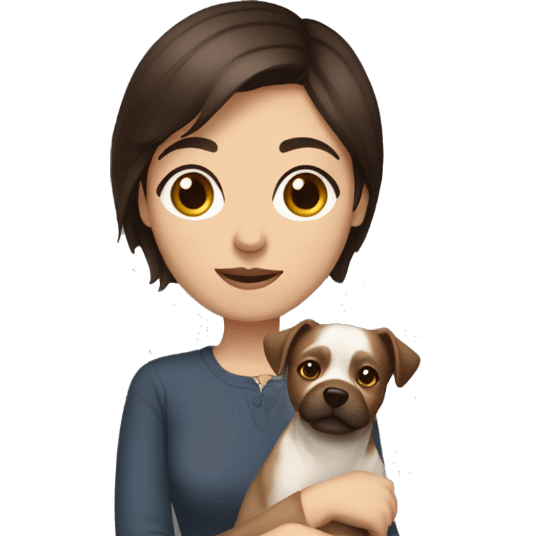 short brunette haired woman with dark brown eyes holding a dog emoji