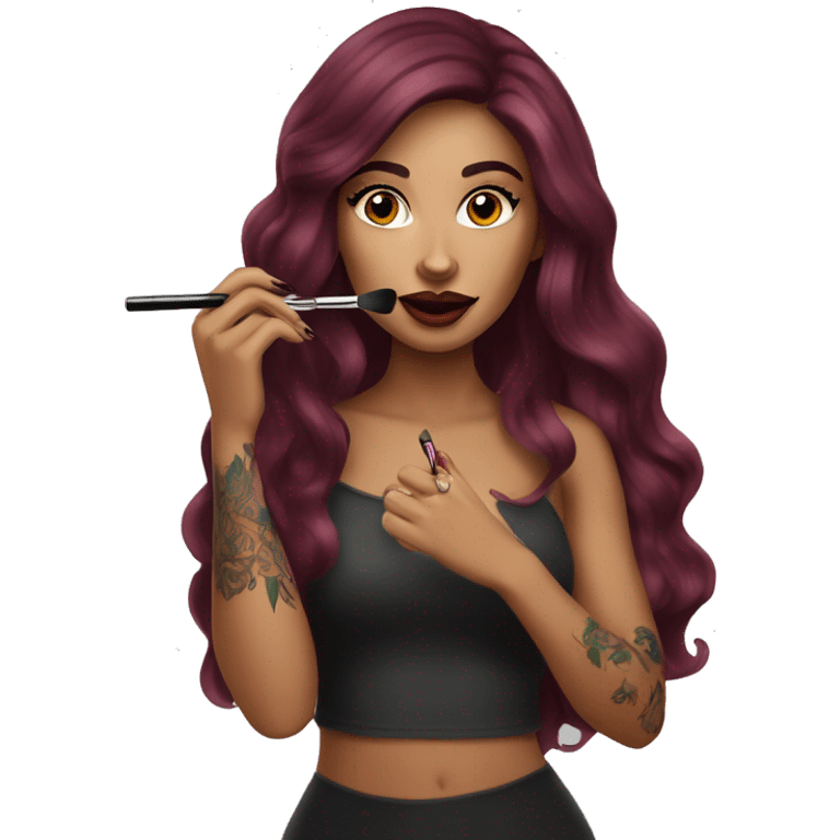 Beautiful tattooed burgundy long haired woman doing her makeup emoji