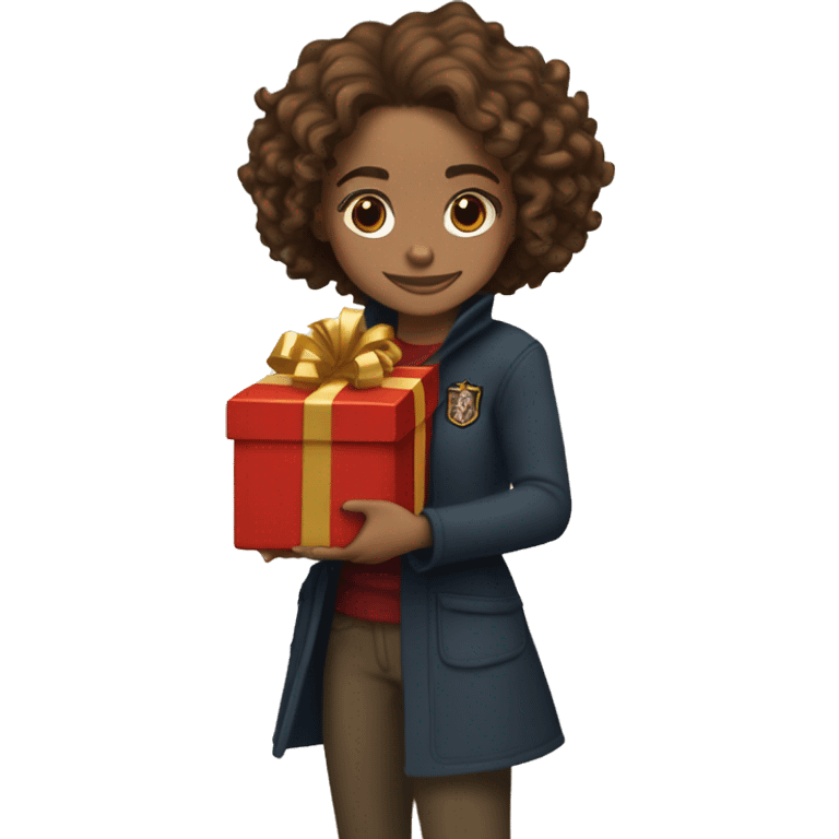 Hermione Granger (with Harry Potter film) holding a stack of Christmas presents, with a warm, festive smile, standing in front of a twinkling Christmas tree emoji