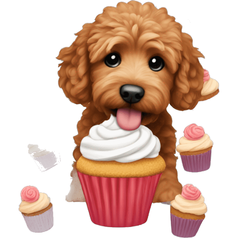 Mini red goldendoodle with cupcake emoji