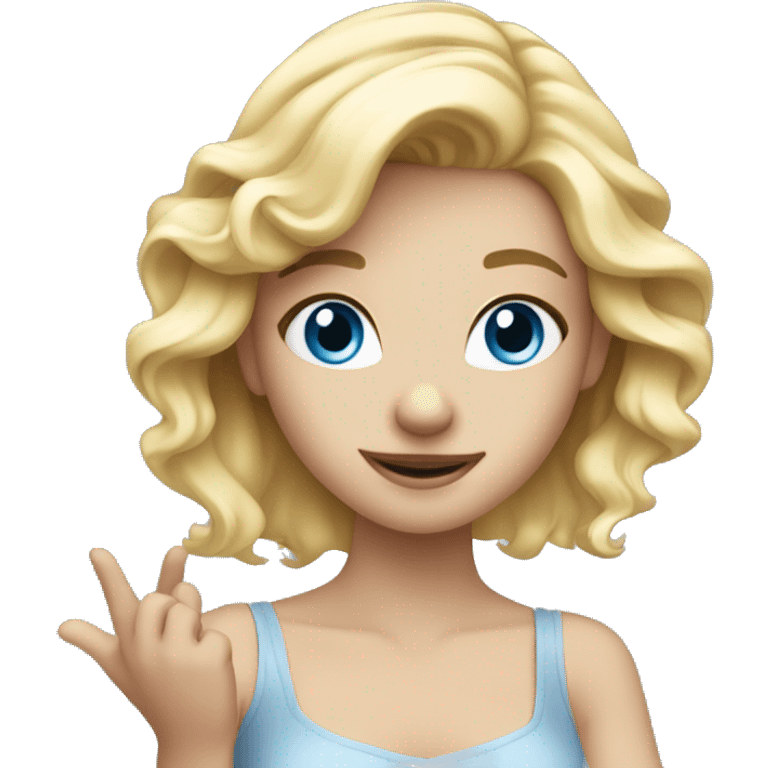 Blond girl with blue eyes hand infront and dance emoji