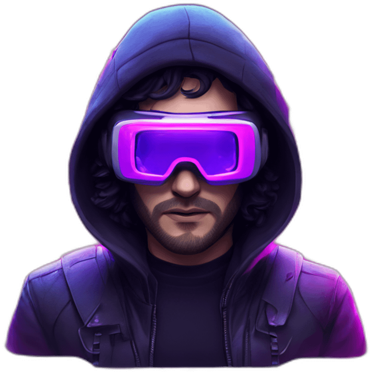 John Snow wearing a black hoodie with "OMG" letters on it and VR headset in a cyberpunk VR environment with violet neon lighting. emoji