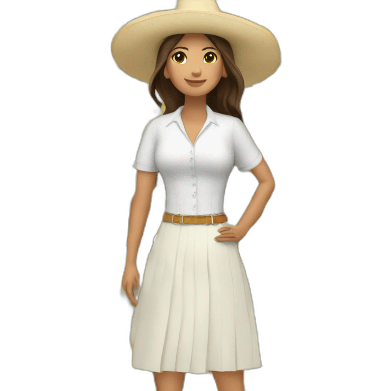 Mujer traje típico mexicano blanco y floreado, con un fondo de campo con flores emoji