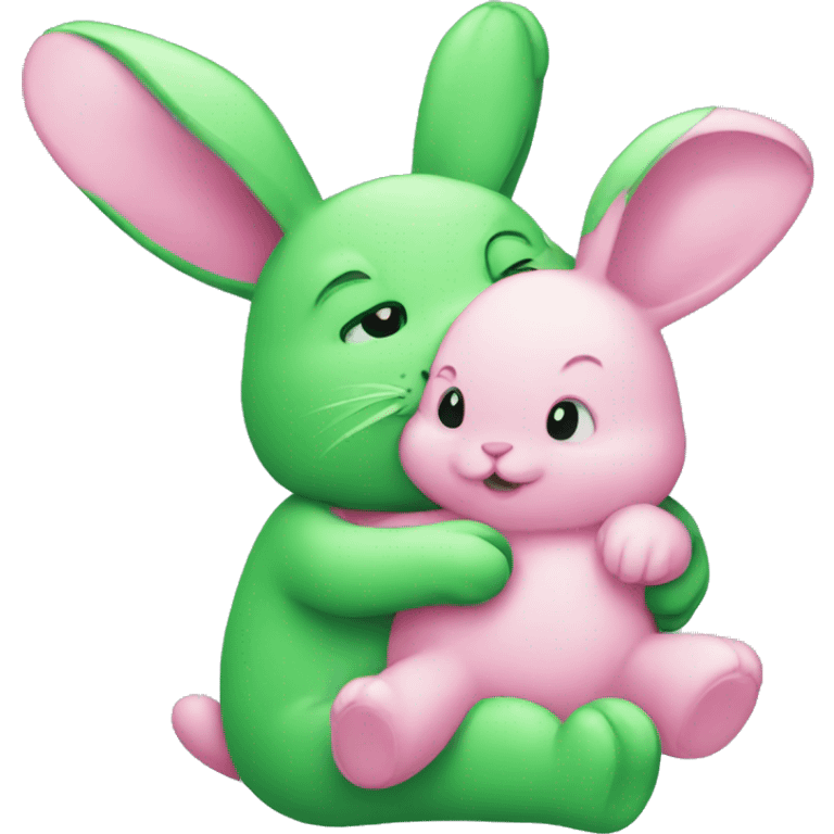 Green bunny hugging pink bunny emoji