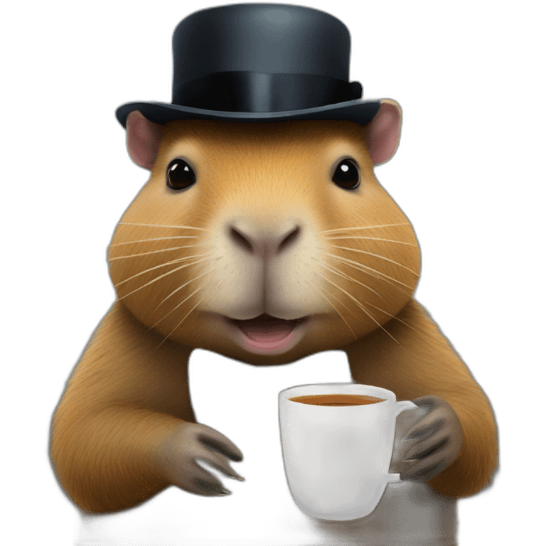 A capybara with a bowler hat is holding a cup of tea emoji