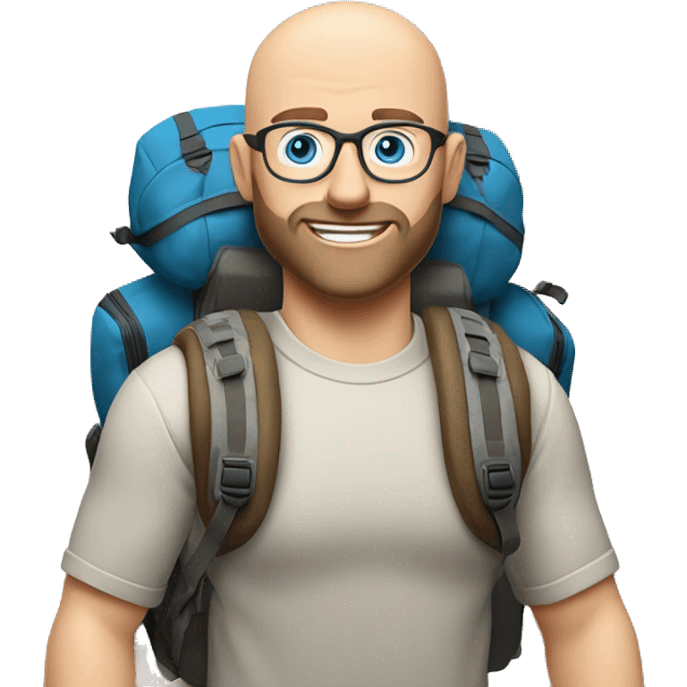 Bald man with stubble beard glasses pale skin buff muscles blue eyes with a large backpacking backpack on with hiking poles emoji