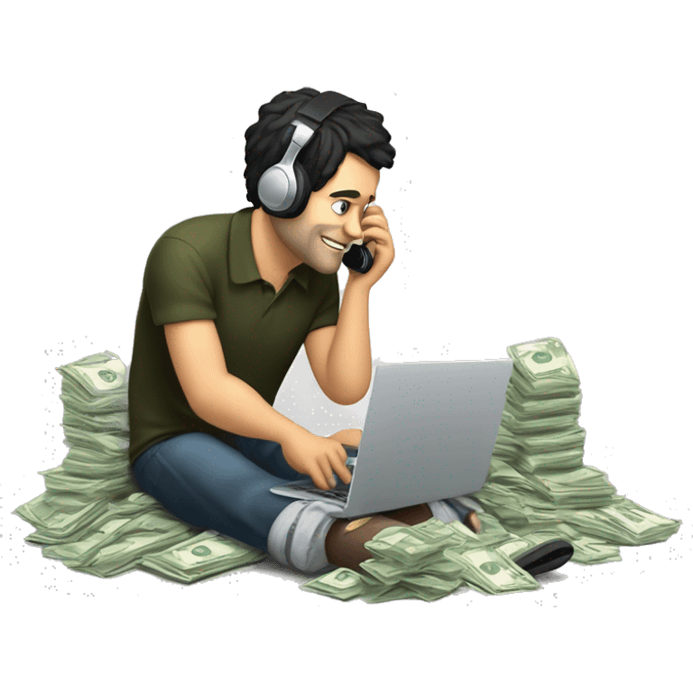 a tired white man with black hair is sitting at a laptop and talking on the phone, there is a bundle of money next to him, headphones on his head


 emoji