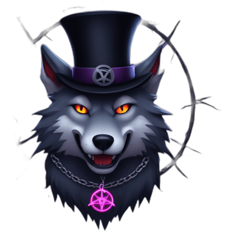 demonic wolf with a pentagram top hat and a pentagram chain with a haunting night background emoji