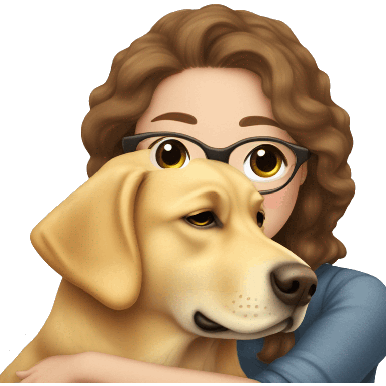 Golden Labrador retriever cuddles with a girl with brown  hair, glasses,  Lush eyelashes and a nose piercing emoji