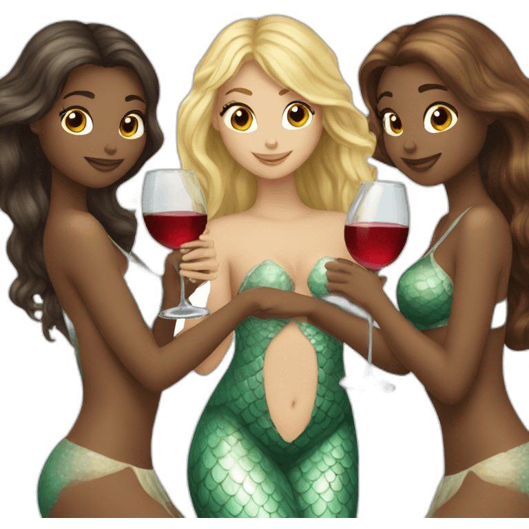 Three beautiful mermaids (two brown hair and blond one) drinking wine emoji