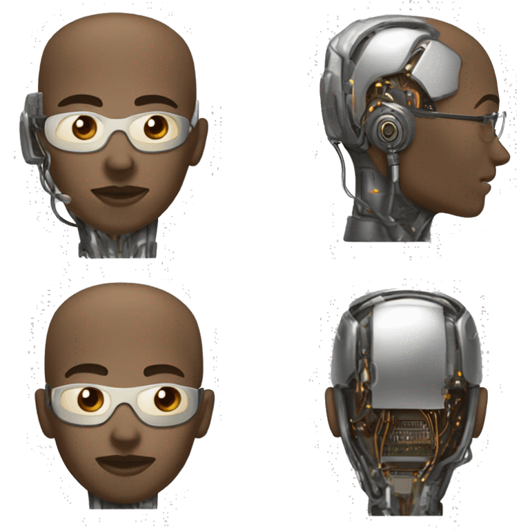 Male cyborg with metallic plated face, brown flat top haircut, glasses and circuitry emoji