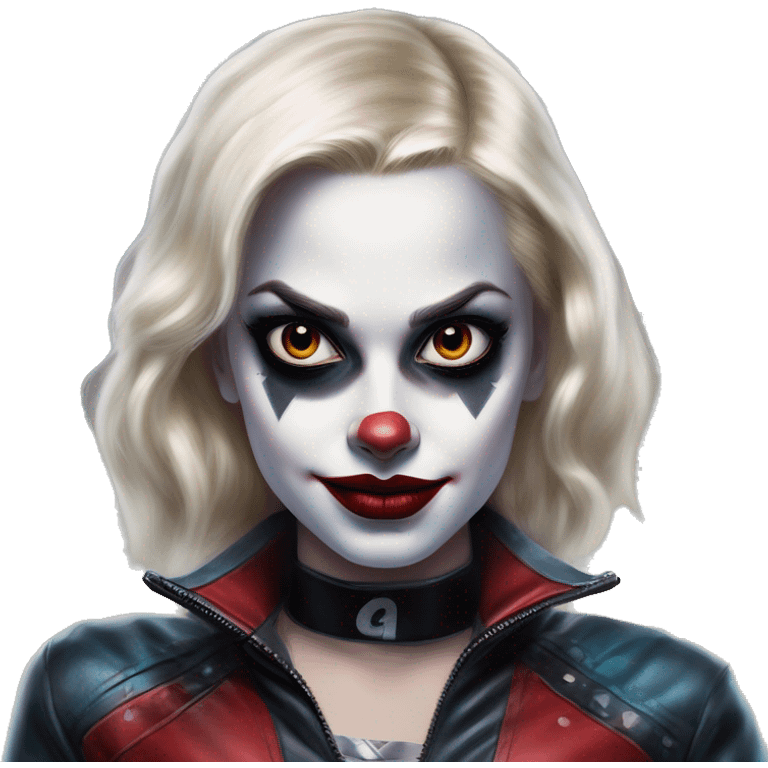 Intergalactic superhero in Harley Quinn style, oil paint, mysterious eyes, intricate lips, masterpiece portrait, odd perspective, beautiful, desirable, logical emoji