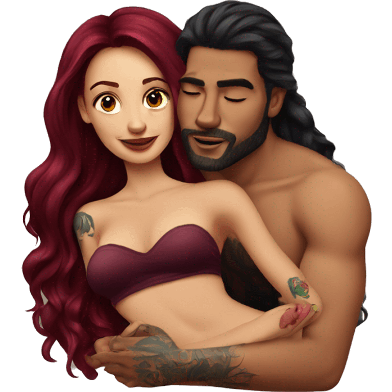 Beautiful tattooed burgundy long haired woman laying on the boyfriends chest emoji