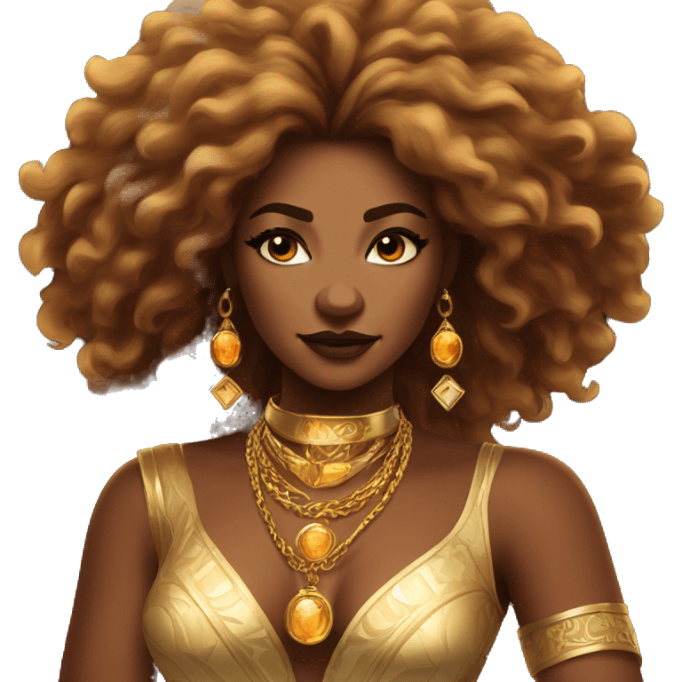 Create an emoji of a confident woman with voluminous lion-like hair, bold makeup, and gold jewelry, embodying the Leo zodiac sign with a regal expression and fiery energy. emoji