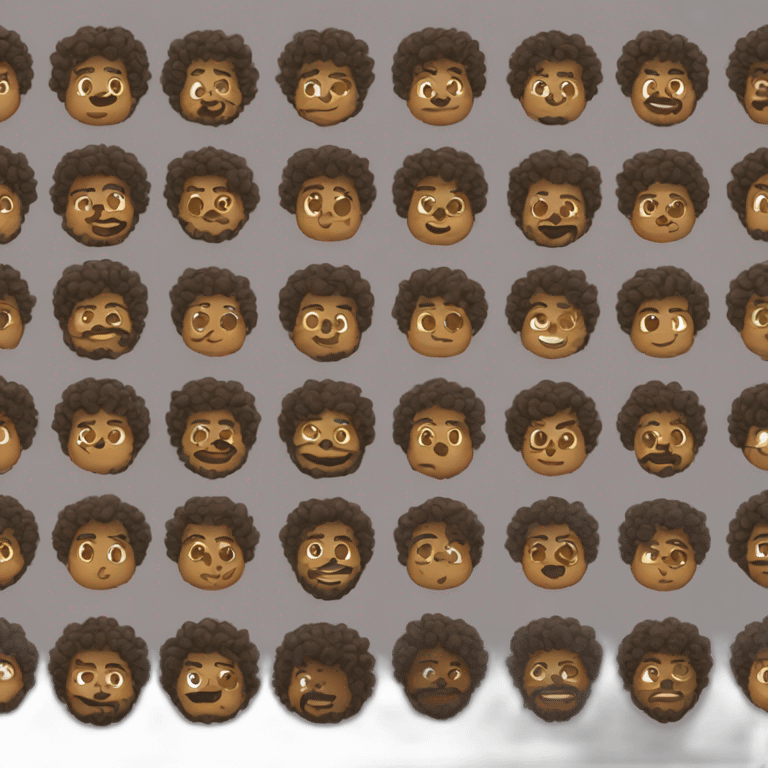 Emoji of a chubby black man with curly hair, bearded and smiling emoji