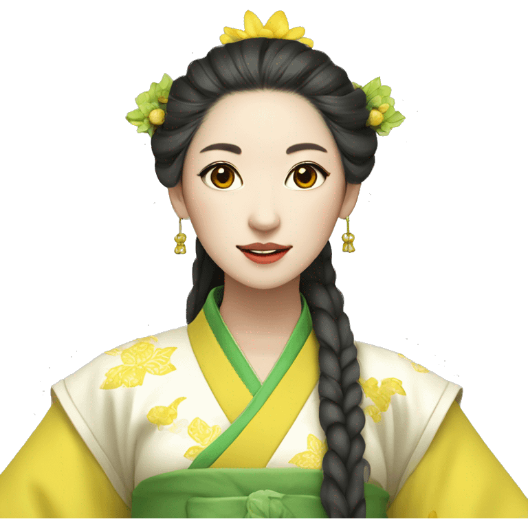 Beautiful woman, yellow skin, Hanfu headdress, wearing green clothes, holding a banana fan emoji