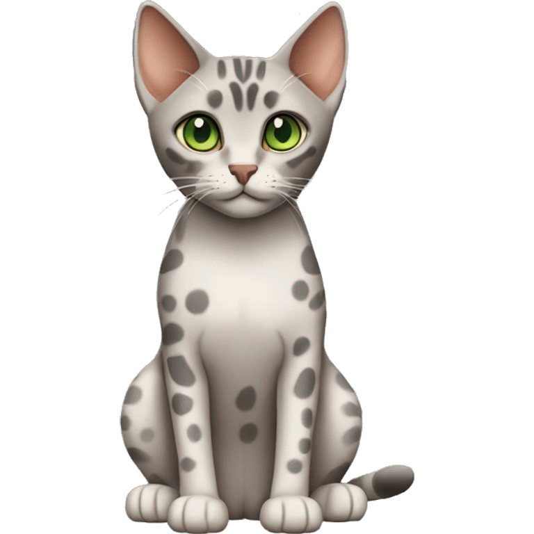 Short-haired oriental cat ,full body , grey coat with spots , green eyes , terracotta nuzzle emoji