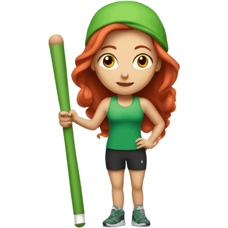 Red headed girl in workout clothes with a green drumstick in each hand  emoji