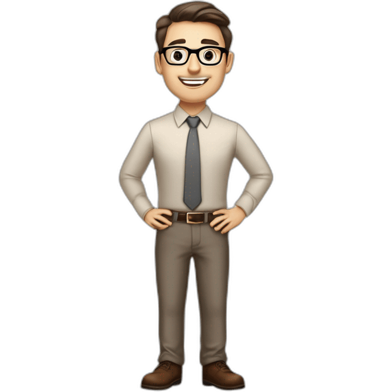 Pale skinned fit man with dark brown hair in gray jacket, beige office shirt, brown tie, brown pants and vintage glasses Writing on the flipchart emoji