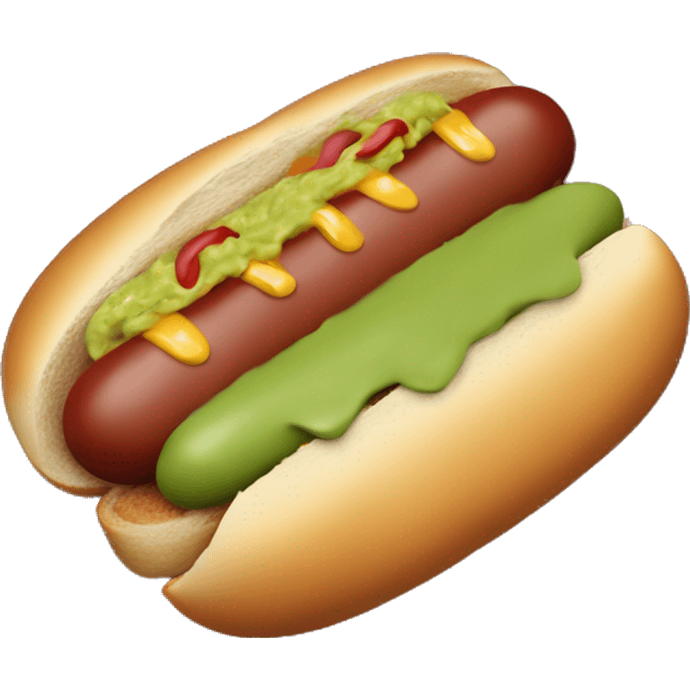 do a hotdog bread with sausage, guacamole, mustard, mayonnaise and ketchup emoji emoji