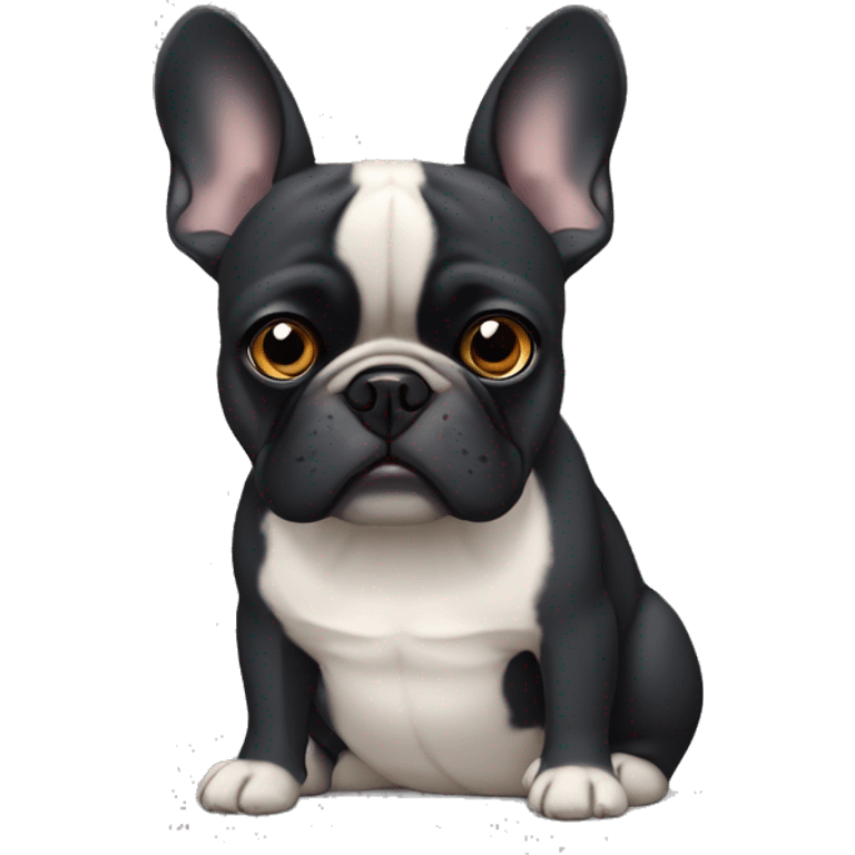 Black French bulldog X pug frowning face grey chin floppy ears and bottom teeth showing  emoji