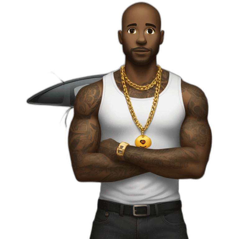 A black man with the right arm tattoed, with a car on the back and a gold chain on the neck  emoji