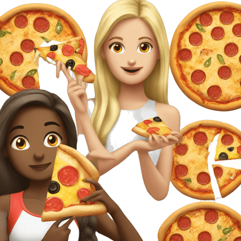 blonde friend and brunette friend eating pizza emoji