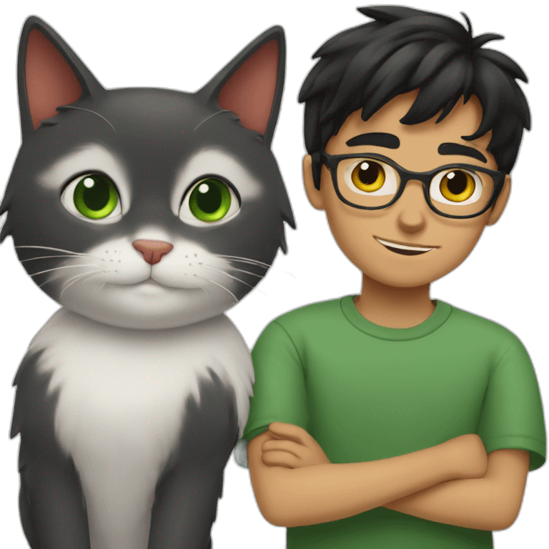 White boy with green eyes, black hair and with glasses hug red percian cat emoji