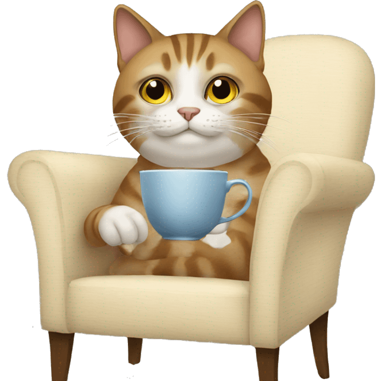 cat drinking tea looking at camera sitting in a chair emoji