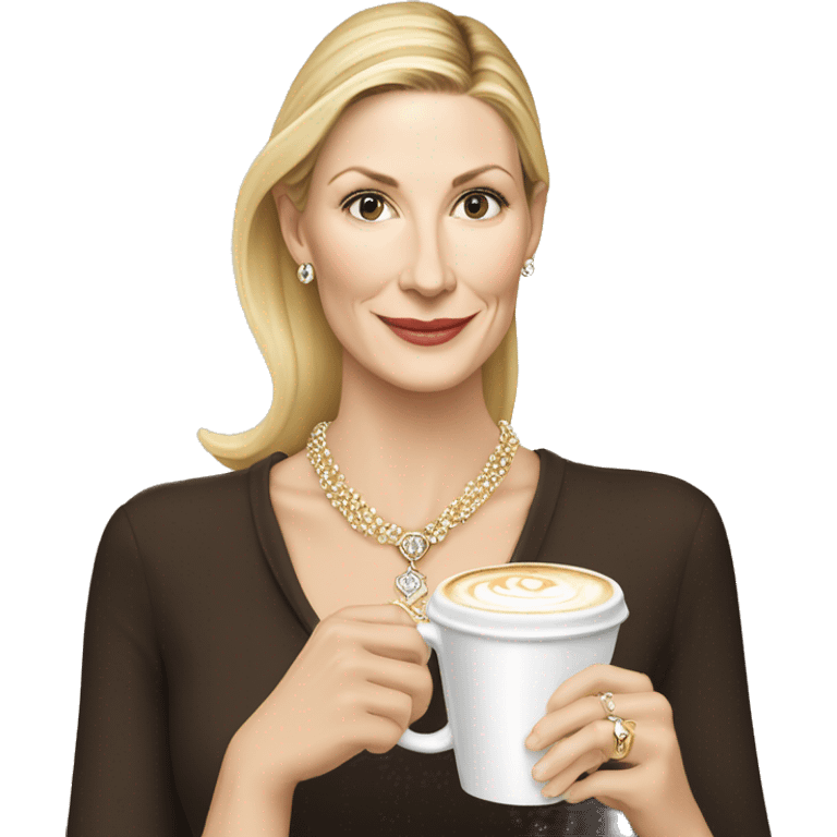 Kelly Rutherford with jewellery wearing white drinking cappucino emoji