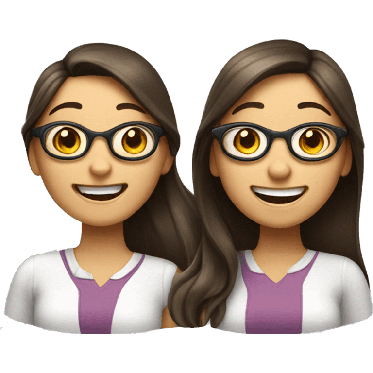 An emoji of a brunette girl with long hair joyfully interacting with another girl wearing glasses, both displaying happy expressions and excited body language emoji