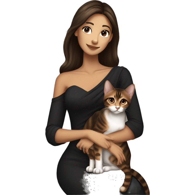 Beautiful skinny woman long dark brown hair in dark dress with earrings hug bengal cat emoji