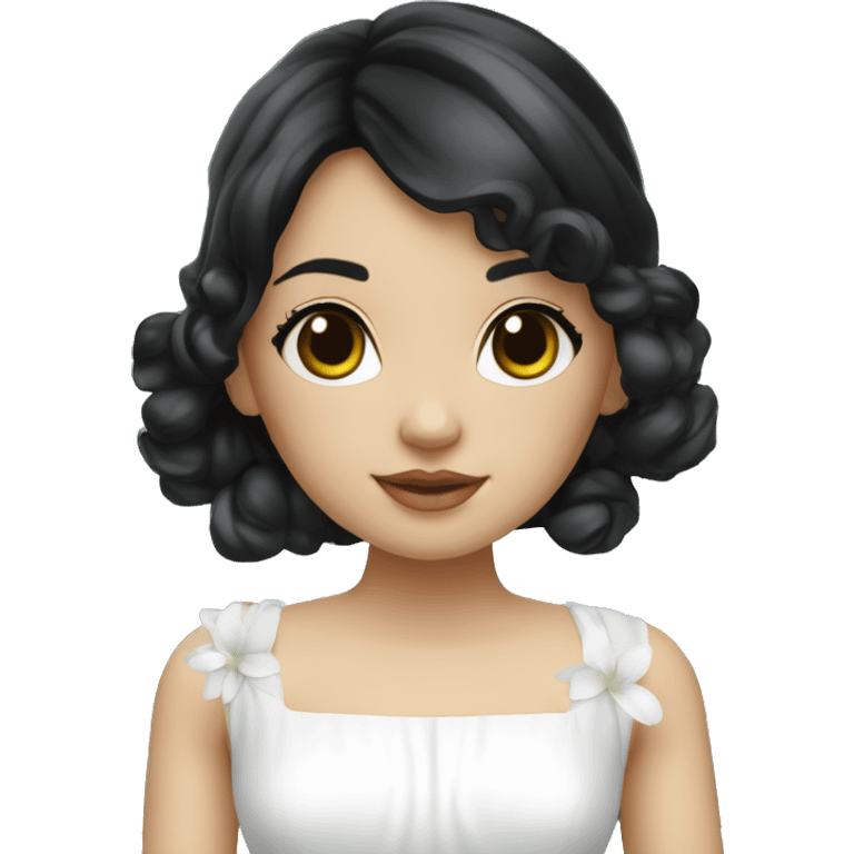 Pretty young Lady doll posing with black hair flowers in hair white dress surrounded by flowing water emoji