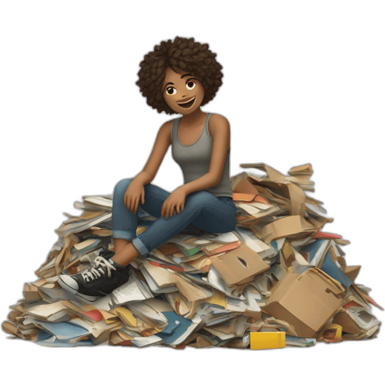 girl sitting on top of a "junk pile" but the junk pile is actually desirable items like books, clothing, tickets, things representative of art and culture... emoji