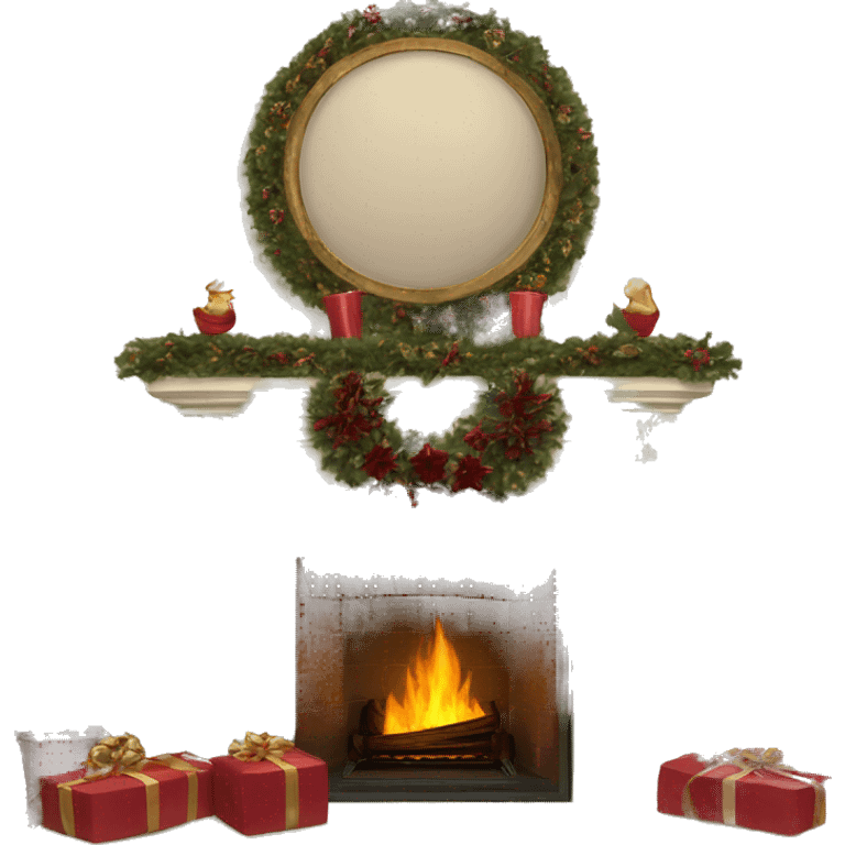 Vintage fireplace with Christmas wreaths with burgundy ornaments with stockings emoji