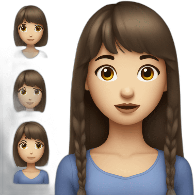 Fille aux yeux bleu brune avec une frange cheuveux long emoji