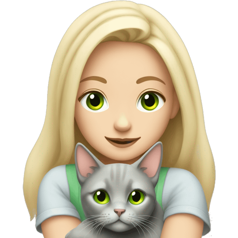 blonde girl with green eyes cuddling grey cat emoji