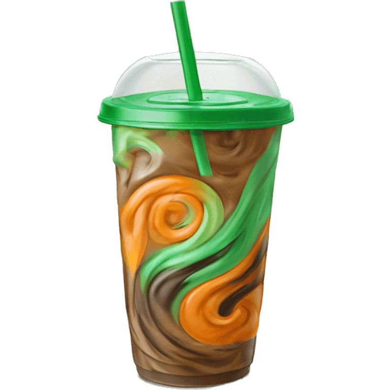 Realistic clear green ,orange,and brown swirled iced coffee inside and green curled straw in the top of the lid. emoji