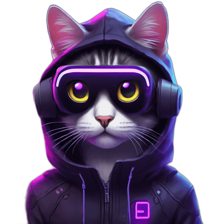 Russian cat wearing a black hoodie with "OMG" letters on it and VR headset in a cyberpunk VR environment with violet neon lighting. emoji