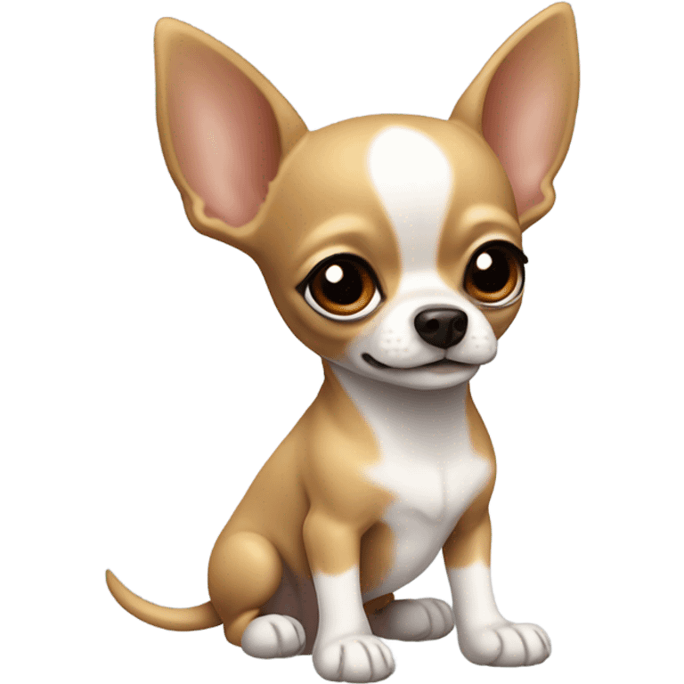 Little Chihuahua with a white stripe on forehead and big pointy ears and a little bit of white on chest and white feet going up to ankles  emoji