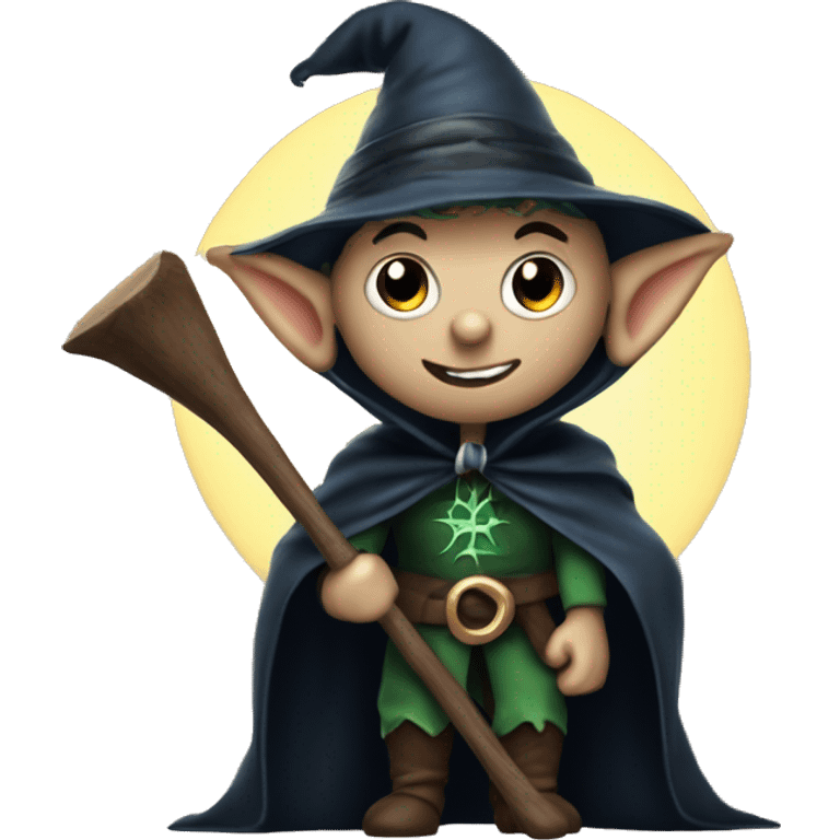 Elf dark sorcerer with a crescent moon hat, holding a bat, Halloween theme, emoji emoji