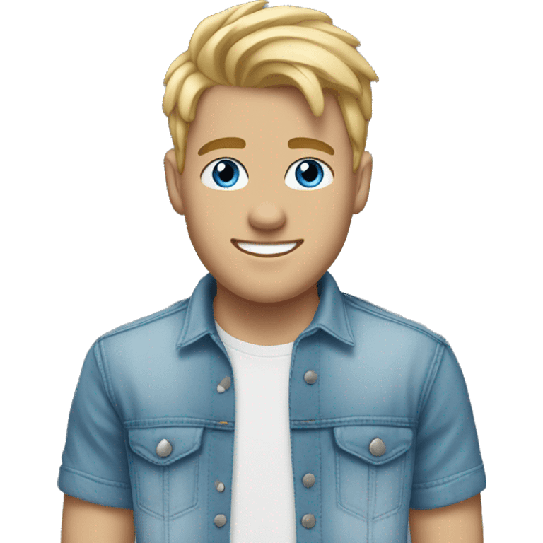 A white 20 year old man with blonde short hair white teeth blue eyes dressed in a jeans shirt and blue joggers emoji