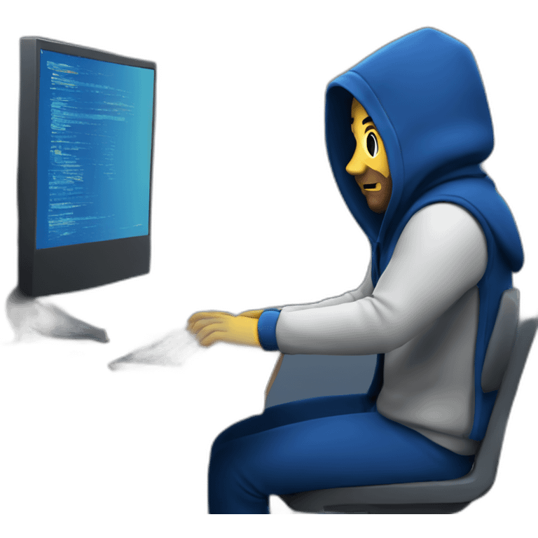 Adult Developer with a dark blue hood behind his computer and focus on his code  emoji