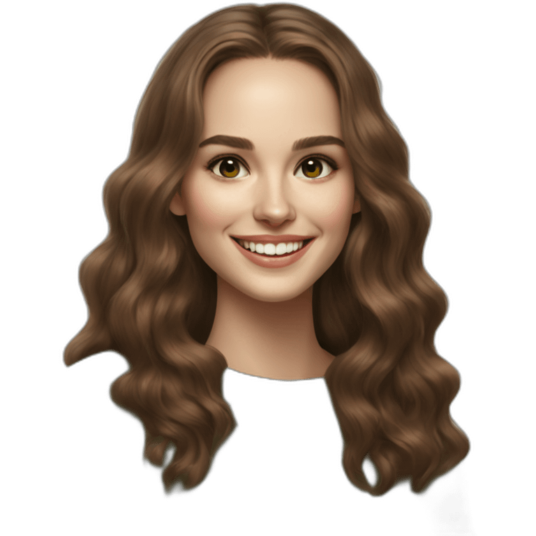 beautiful girl, white, with long loose wavy hair, brown hair, brown green eyes, looks like natalie portman, smiles at the camera, good teeth, white sweater, realistic drawing emoji