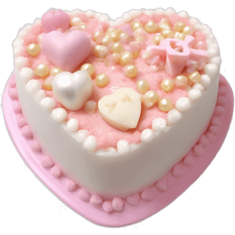 pastel pink heart shaped bento cake with white shell frosting and pearls and bows emoji