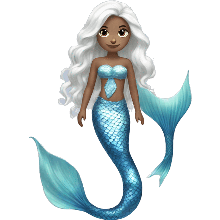 Iridescent silver mermaid tail full body blue eyes almond skin girl long white hair emoji