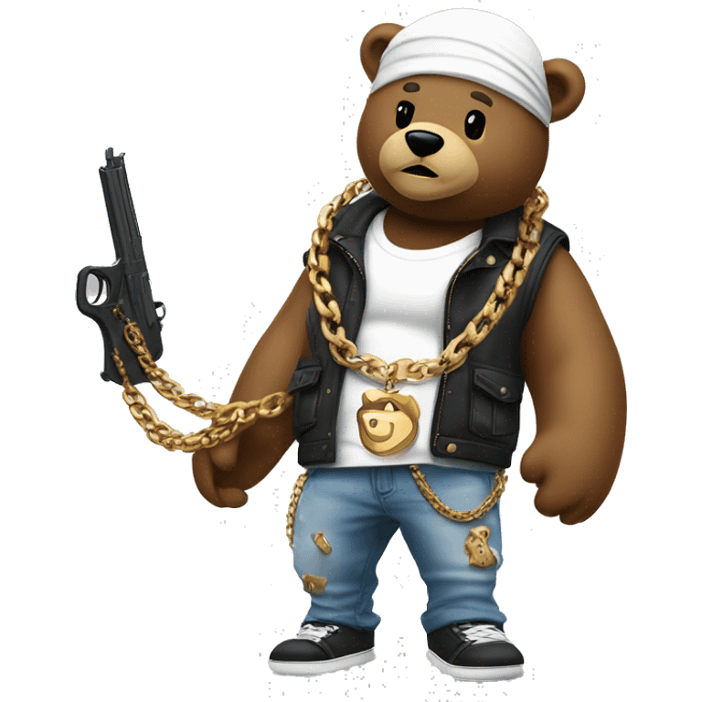 Bear wearing a durag with a white tank top and jeans and Jordan’s with a pistol in his hand and a big gold chain  emoji