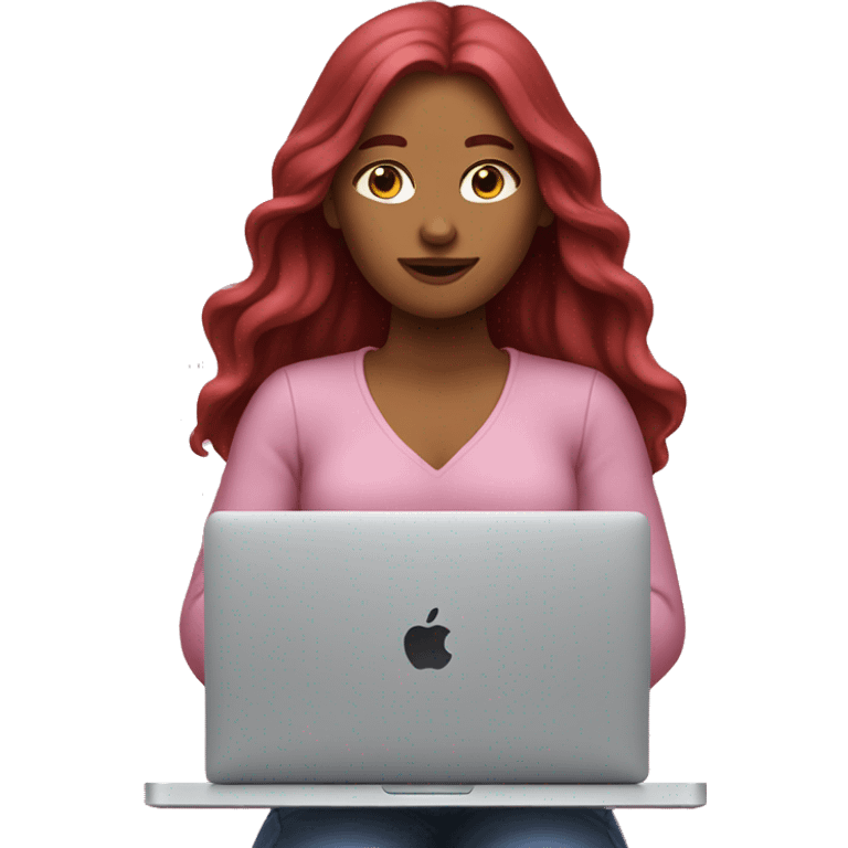 Woman that has Long Dark red hair coding on a pink macbook emoji