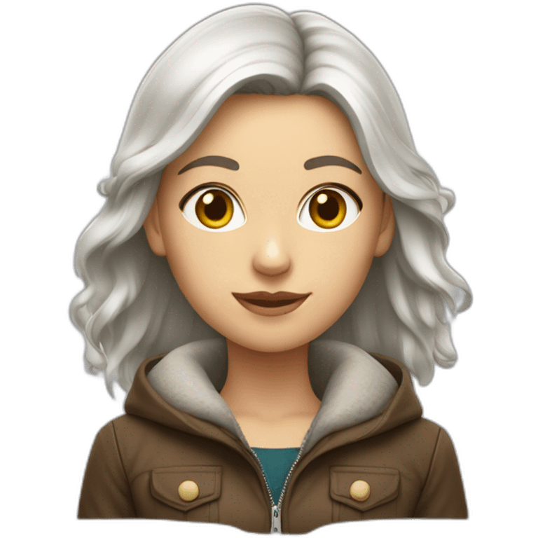 Jeune femme blanche avec cheveux maron et veste en cuire emoji