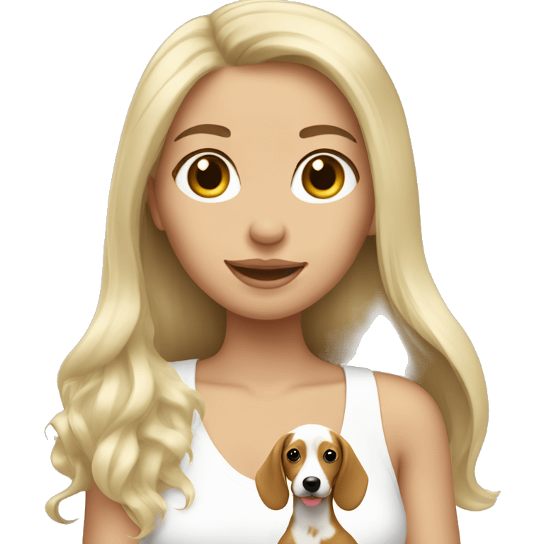 White long hair brunette girl holding blonde doxie emoji